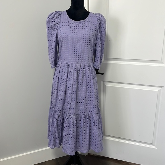 A New Day Round Neckline Elbow Length Sleeves Knee Length Purple Eyelet Dress M - Picture 3 of 10